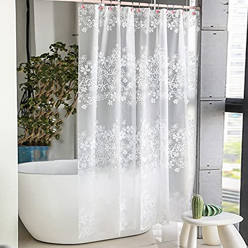 Vllcsla Cortina de Ducha Antimoho Impermeable Flores, 300x200cm, 200 Largo, 300 Ancho, Cortinas Ducha Baño Lavables con Ganchos U, Cortinas Baño para Bañera Flor Blanca, Plegable, Plástica, Primavera