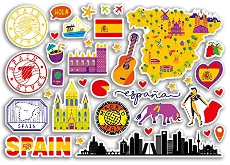 A5 Sticker Sheet Spain Landmarks Vinyl Stickers - Spanish Map Airport Stamp Skyline Flag Travel Holiday Country City Aesthetic #80318