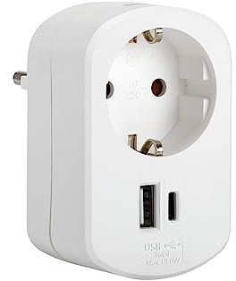 Simon - Adaptador Combi, Adaptador de Viaje con Toma Schuko 16A y 2 Enchufes USB, Adaptador Corriente de Carga de Pared, Ladrón USB, Color Blanco