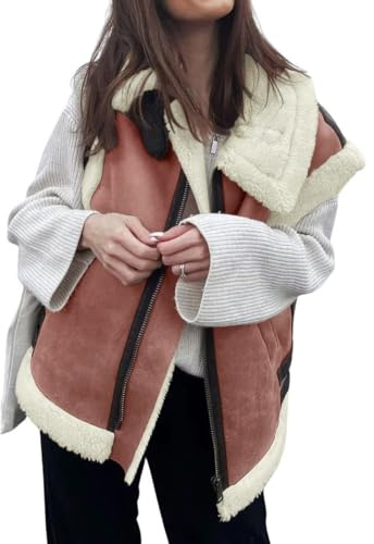 loveimgs Chaleco de piel de sherpa de ante cálido para mujer, con cremallera, sin mangas, abrigo de piel de cordero con bolsillos, Rojo -, XL