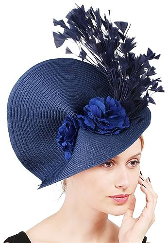 GIBZ Stroh Fascinator Hut mit Breiter Krempe Florales Tea Party Stirnband Pillbox Hüte Kopfschmuck mit Feder für Damen, Navy Blau