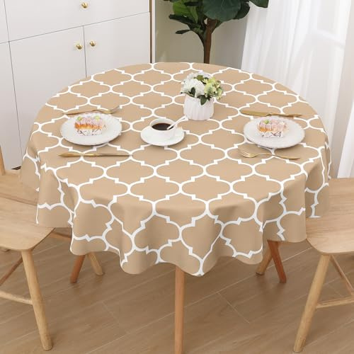 smiry Tischdecke Abwaschbar Rund 140cm Tischtuch Polyester Wasserabweisend Lotuseffekt Marokkanisch Tischwäsche Schmutzabweisend Abwischbare Tafeldecke für Outdoor Party Küche,Khaki