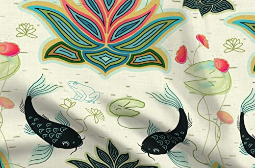 Spoonflower Fabric - Lotus Damask Koi Fish Black Green Teal Japanese Pond Oriental Asia Printed on Polartec(R) Fleece Fabric Fat Quarter - Sewing Blankets Loungewear and No-Sew Projects
