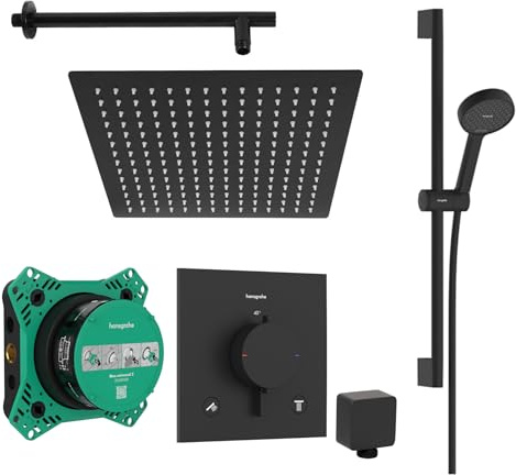 vanvilla Duschsystem Unterputz mit Duscharmatur Hansgrohe schwarz HGS212 | Duscharmatur von Hansgrohe Ecostat Comfort E Thermostat und vanvilla Regendusche eckig, Duschstange, Dusch-SET schwarz