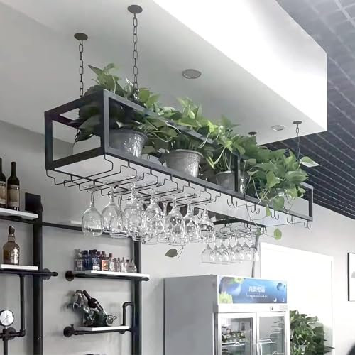 Portabottiglie da vino sospeso al soffitto Portabicchieri da vino a parete con porta calici Portabottiglie da vino galleggiante in legno e metallo per bar della cucina di casa, altezza regolabile ( Si