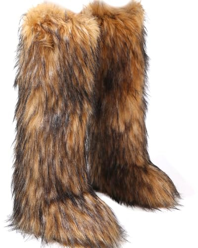 Valpeak Womens Faux Fur Boot Winter Fluffy Long Furry Boots for Girls Outdoor Fuzzy Knee-High Boots(Brown,8)