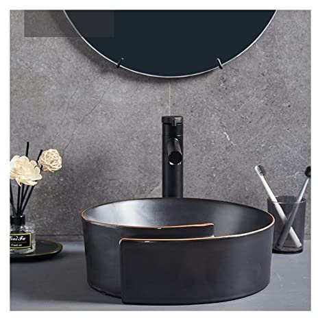 WASHLA Badezimmer-Waschbecken, modernes Keramik-Waschbecken, über der Theke, rundes Badezimmer-Waschbecken mit Wasserhahn, kombiniertes Badezimmer-Waschbecken, golden