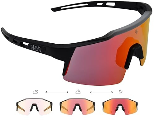 DACHS Photochromatische Sonnenbrille für Rennrad - Unisex UV400 Selbsttönende Fahrradbrille – Rote/Blaue Gläser