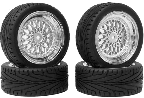 RC Auto Reifen und Räder Set,KINGCOO 4Stück 65mm Gummireifen Kunststoffbeschichtung Rad Felgen 12mm Hex für 1/10 RC On-Road Run-Flating Touring Racing Auto (Silber)
