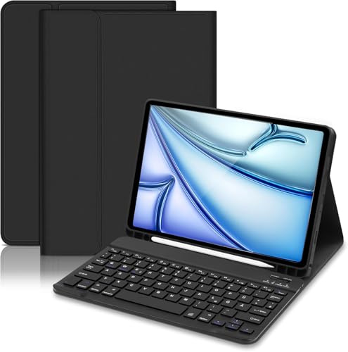 Hofsos Hülle mit Tastatur für iPad Air 11 Zoll M4/M3/M2 2026/2025/2024 | Magnetisch Abnehmbarer Bluetooth QWERTZ Layout Keyboard Folio mit Stifthalter für iPad Air 5./4. 2022/2020 10,9 Zoll, Schwarz