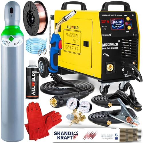 Magnum MIG 240 Doppelpuls - Vollsynergisches MIG MAG Schutzgasschweißgerät mit 4 Rollen Drahtvorschub - für MMA, WIG und Punktschweißen - LCD-Bedienfeld - Set Professional