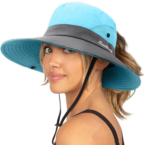 DRESHOW Women Sun Hat Outdoor UV Protection Hat Foldable Mesh Wide Brim Fishing Ponytail Beach Bucket Hats