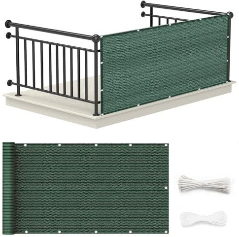 Balkonsichtschutz mit Ösen 95 x 650 cm Windschutz Sonnenschutz Und Wetterfest Balkonumspannungen Terrassen Sichtschutz mit Ösen, Kabelbinder für Garten Balkon Terrasse, Dunkelgrün
