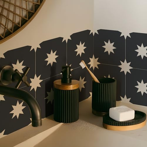 Alwayspon Lot de 25 autocollants pour carrelage de 15 cm x 15 cm - Noir et blanc - Motif floral - Autocollant de transfert pour salle de bain et cuisine
