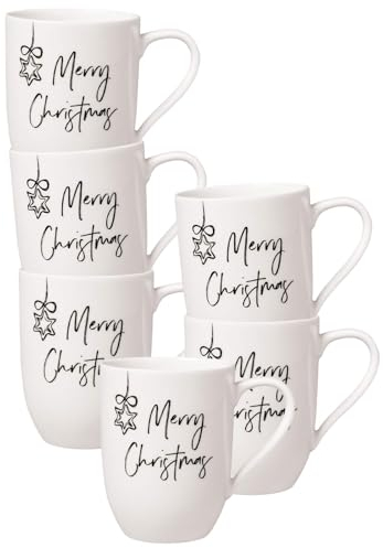 Villeroy & Boch - Statement, Becher mit Henkel 6er Set, Merry Christmas, 280 ml, Kaffeebecher mit Sprüchen, Premium Porzellan, Weiß-Schwarz