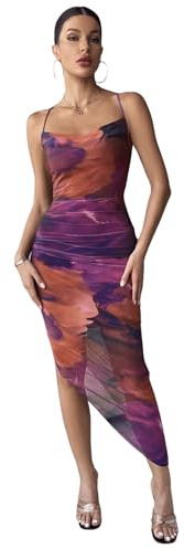 SweatyRocks Damen Batik Midikleid Spaghettiträger Sommerkleid Rückenfrei Partykleid Asymmetrisch Bodycon Urlaubkleid mit Kreuzgurt Violett M