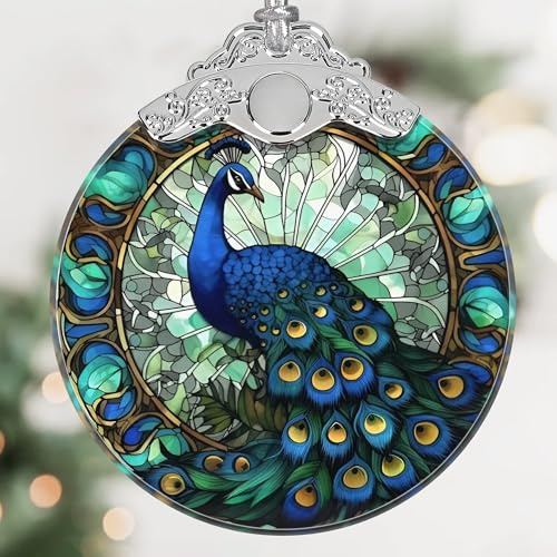 Pfau Weihnachtsschmuck – Buntglas-Hänge-Baumdekoration, Ferienhausdekoration, Geschenkidee, Feder-Design