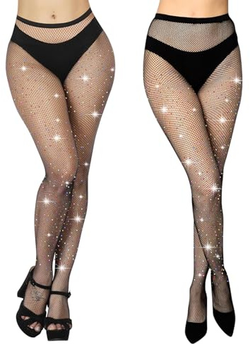 Aomig Womens Sparkly Fishnet Tights, 2Pcs Glitter Fishnet Stockings with Coloured Diamond for Women, Sexy High Waist Sparkly Fine Mesh Stockings, Rhinestone Pantyhose Mesh Glitter Tights for Women