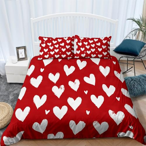 Rosso Copripiumino stampato in microfibra 230 x 220 cm Set copripiumino con cerniera in poliestere morbido con 2 federe abbinate Cuore d'amore acquerello tema Biancheria da letto morbida e lavabile