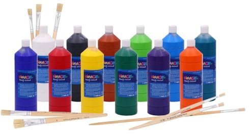 Ledacolor NOVACOL Plakatfarben-Set 12 Farben je 1000 ml | 36 Borstenpinseln 9 Größen | XL Set Großpackung Farbe + Pinsel | Malen für Jungen und Mädchen | Ausstattung für Kindergarten und Schule