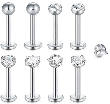 WillTen 8Pcs Gioielli per Piercing Tragus Orecchini Tragus, 16G Gioielli per Piercing Labret Tragus Stud Labret Barra Labbro, Piercing per Labbra e Tragus Helix Labret Gioielli per Piercing Orecchini