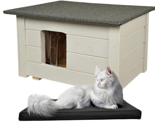 WOODOK Katzenset – Katzenhaus aus Holz mit Isolierung + Waschbare Katzenmatte – Komfortabler Rückzugsort für drinnen und draußen – Perfekt für Zuhause, Garten & Reisen - 54x39x34 cm