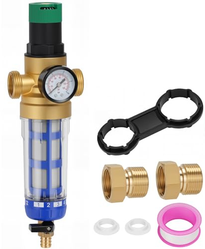 XTQFH 1 Zoll Druckminderer Wasser mit Manometer und Messgerät Wiederverwendbare Spin Down Sedimentfilter,Ausspülbarer Feinfilter