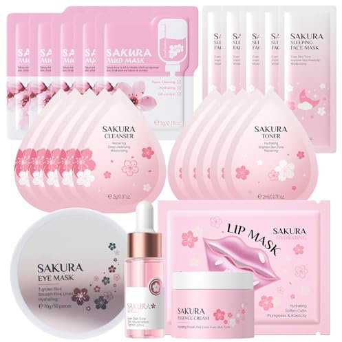 HASAIKA® Kit per la Cura della Pelle Sakura, Trattamento quotidiano della pelle con maschera per gli occhi, siero per il viso, crema per il viso, maschera per le labbra, detergente, 24 pz.