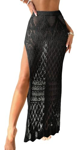 GORGLITTER Women's Crochet Sheer Swimwear Cover Ups High Split Long Cover Up Skirt Beach Swimsuits Black Large