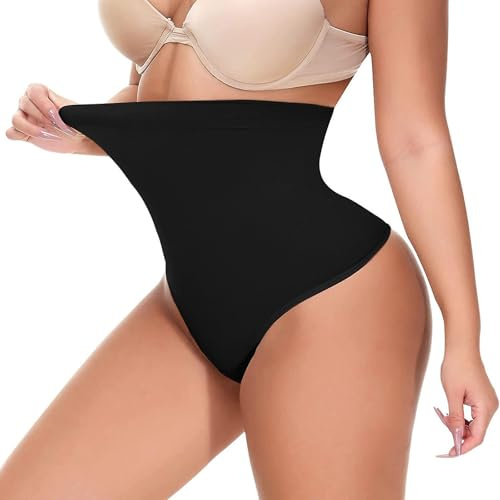 Risipu Tummy Control Thong Shapewear for Women Seamless Shaping Thong Panties Body Shaper Underwear (UK, Alpha, S, Regular, Regular, Black)