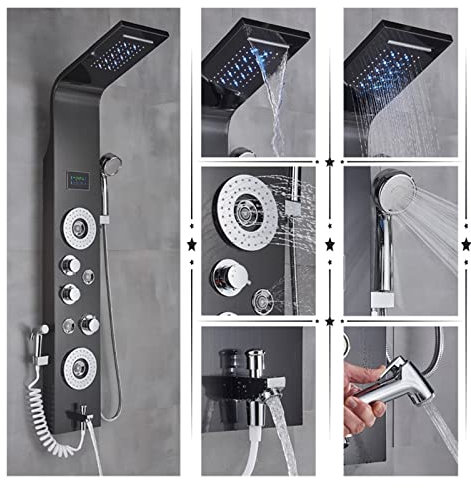 Panneau de douche, Luxe noir/brossé salle de bain douche robinet LED pluie panneau de douche système baignoire mitigeur Massage Spa température écran(Black B)