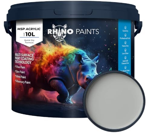 RHINO PAINTS Heavy Duty Concrete Floor Paint, Quick 3 hour Dry, Extremely Durable Industrial Grade Coating (Light Grey 10L)