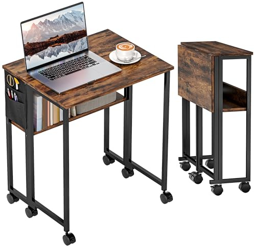 HOMCOM Folding Desk with Storage Shelf and Bag, 63 cm Foldable Computer Desk for Small Spaces, Space Saving Writing Table on Wheels for Home Office, Bedroom, Easy Assembly, Rustic Brown