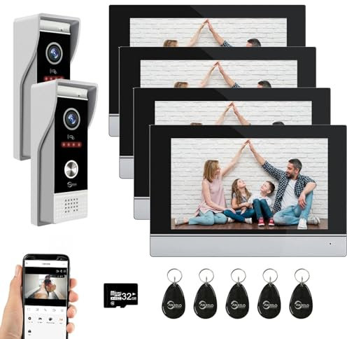 4-Wired Video Intercom System Tuya WiFi 7 Inch Touch Screen 1080P Doorbell Intelligent Tuya APP Intercom Kit with Motion Detection,Anti-Tamper Alarm,32G (2 Doorbell + 4 Monitor)