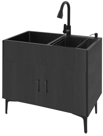 Lavandino da cucina autoportante in acciaio inox, armadio in legno, 2 vasche con rubinetto estraibile, scolapiatti, dispenser per sapone, 81 x 43 x 78 cm (nero)