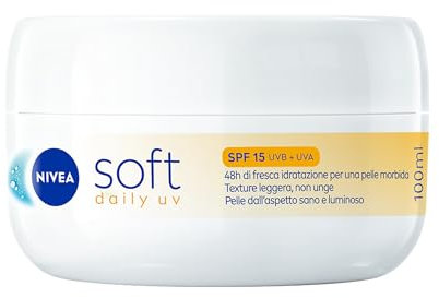 NIVEA Soft Daily UV SPF15 100 ml, Crema idratante corpo, viso e mani per 48 ore di fresca idratazione, Crema multiuso con Vitamina E, Olio di Jojoba e protezione solare SPF 15 UVA + UVB