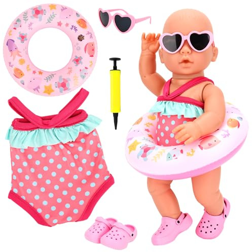 Miunana 5 st simset för dockor, dockkläder sommar docktillbehör kläder kläder baddräkt simring solglasögon skor och luftpump, baby docktillbehör baddräkt docka för 35 – 43 cm pupp