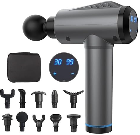 Massagepistole mit 30 Geschwindigkeiten/Massage Gun für tiefe Muskelmassage mit bis zu 3600 Impulsen/min / 10 Aufsätze für Nacken, Rücken & Körper/Mit LCD-Touchscreen