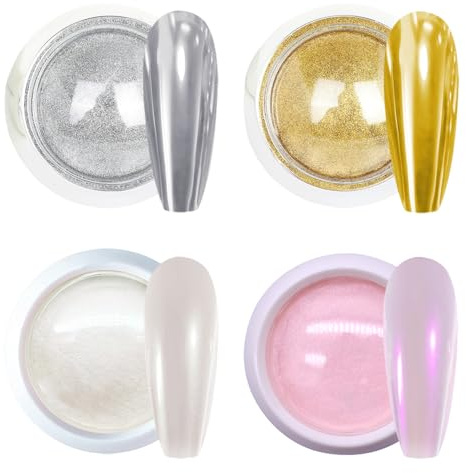 GZMAYUEN Chrome Nail Powder, 4 Farben Crome Pigment Für Nägel Aurora Weiße Perle Silver Gold Chrome Nail Powder Cromepulver Nägel Art Nageldesign