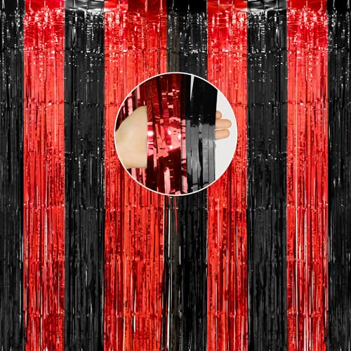 jijAcraft Black Red Tinsel Curtain: 2pcs Glitter Metallic Foil Fringe Curtain Backdrop with 5M String, 1m×2m Party Streamers Backdrop for Halloween, Birthday, Graduation