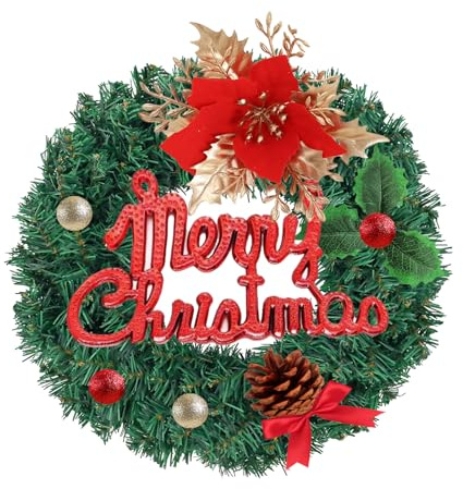 Weihnachtskranz 30cm Türkranz, Weihnachtsdeko Kranz für Fenster & Wand, Künstlicher Tannenkranz mit Schleife Kugeln Geschenken, Kreativer Winterkranz für Haustür, Hochzeit, Party, Tischdeko