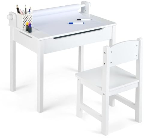 FANTASK Scrivania per bambini con sedia, porta rotolo di carta e pennarelli, con piano pieghevole (bianco)