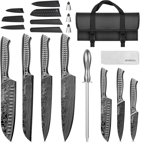 MOSFiATA Chef Knife Set with Roll Bag, 12PCS Portable Sharp Kitchen Knife Set, High Carbon Japanese Stainless Steel Professional Chef Cooking Knives Sets Sharpener Gray