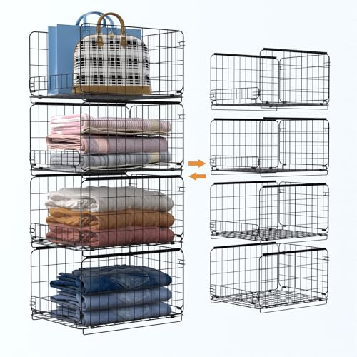 SYLLENHOD Stapelbarer Schrank-Organizer und Aufbewahrung: 4-stöckige Regale, schwarz, gefaltetes Schubladenregal, Organizer für Schrank, Kleiderschrank – Push-Pull Aufbewahrungskorb für Spielzimmer
