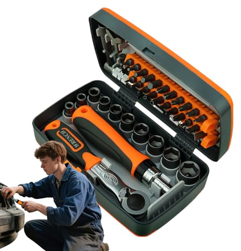 Sucritude Kit de Tournevis à Cliquet, Coffret 38 en 1 de Douilles Magnétiques, Outil de Précision avec 22 Adaptateur et 10 Douilles pour Réparations Bricolage Travaux Électronique