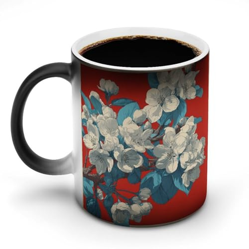 Jubonexis Taza de café de cerámica con flores blancas sobre plantas rojas que cambian de color, taza de café novedosa divertida taza de té y agua, 325 ml