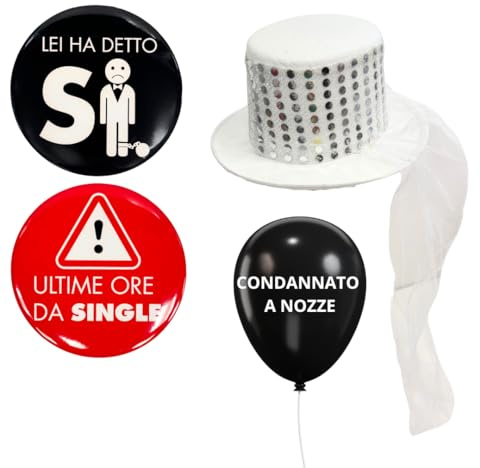 Tresorì - Kit Addio al Celibato con Spille, Cappellino Strass e Palla al Piede Condannato a Nozze - Gadget Divertenti Perfetti per Feste, Eventi, Party pre Matrimonio