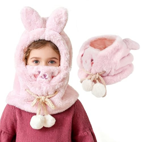 AYPOW Termisk fleecebalaklava, 3D-djur ansiktsskydd, skidmask, multifunktionell vindtät justerbar huva hatt med halsvärmare, för 3-8 pojkar flickor utomhussport cykling vandring, Rosa, one size