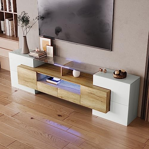 Meuble TV Moderne et élégant, TV Meuble téléviseur Commode 200 cm Haut Brillant avec éclairage LED, Meuble de Salon Design en Verre Brillant