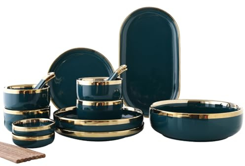 Bone China Dinner Set for 6, Gold Rim Hand Painted Porcelain Tableware Set, Scratch & Chip Resistant, Microwave & Dishwasher Safe-Green||24 Piece Dinner Set